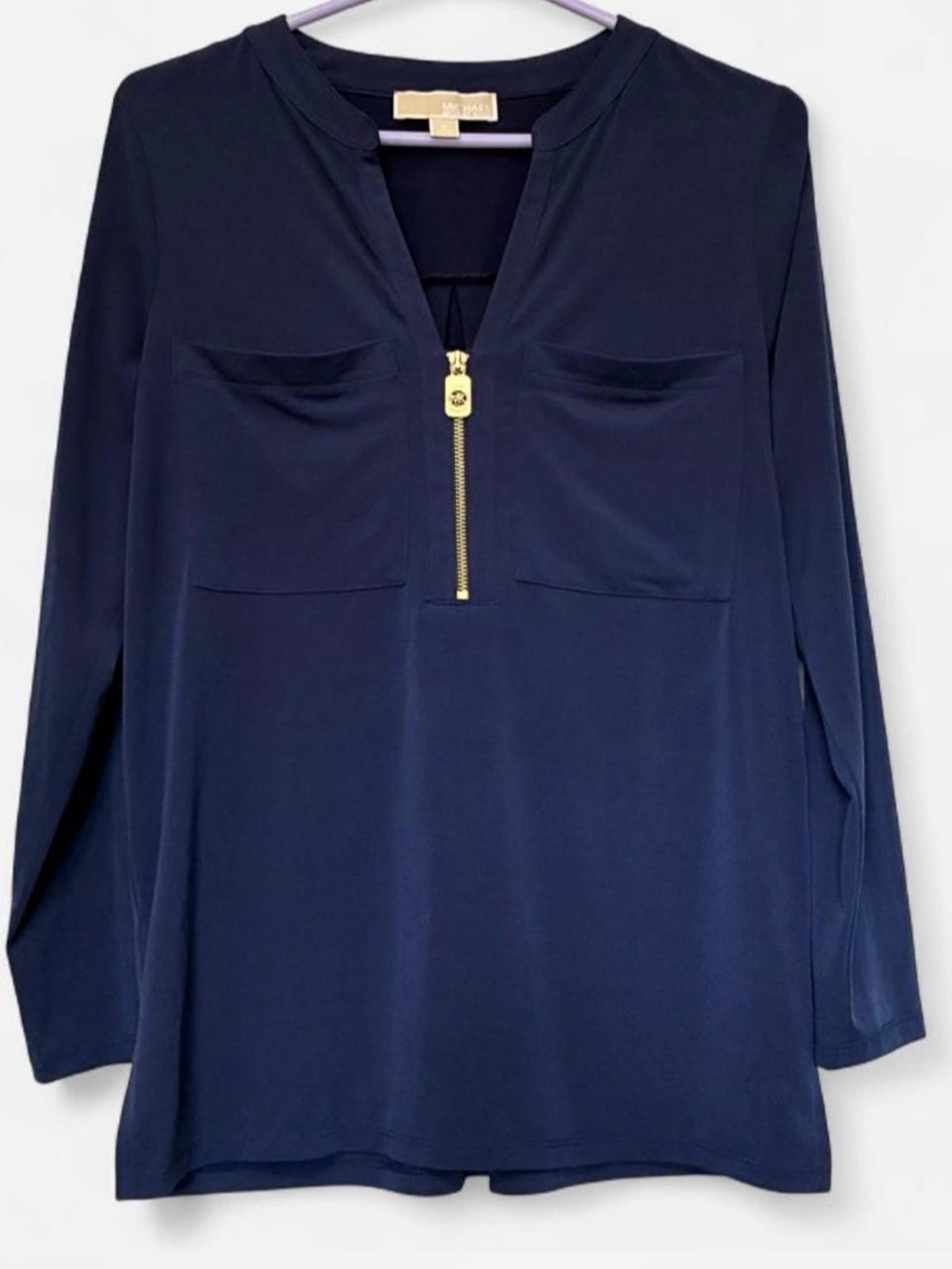 MICHAEL Michael Kors Navy Zip-Front Long-Sleeve Blouse Size M